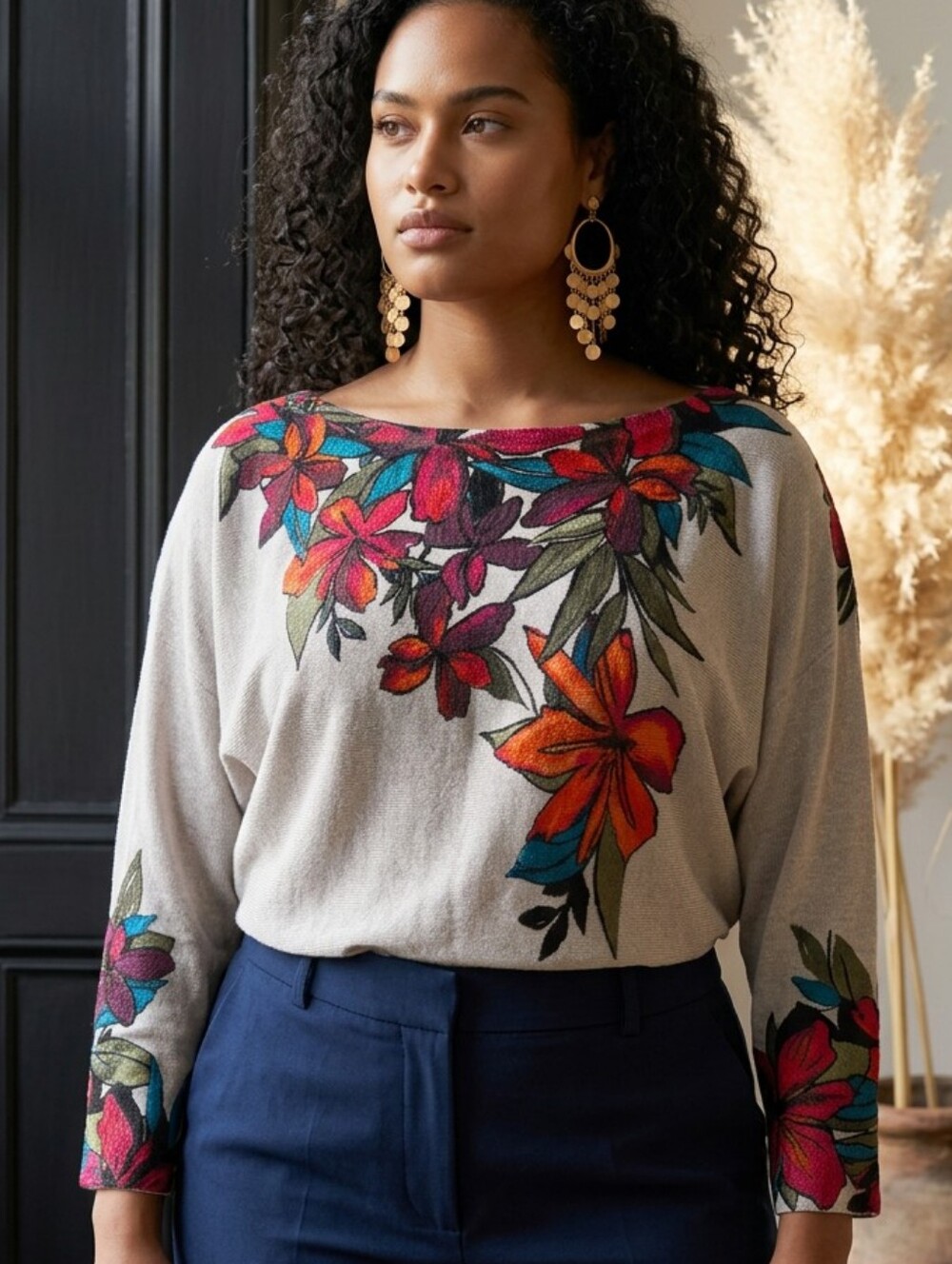 Chico's Cream Boatneck Knit Top with Red/ Orange/Teal Floral Detail Chico Sz 2